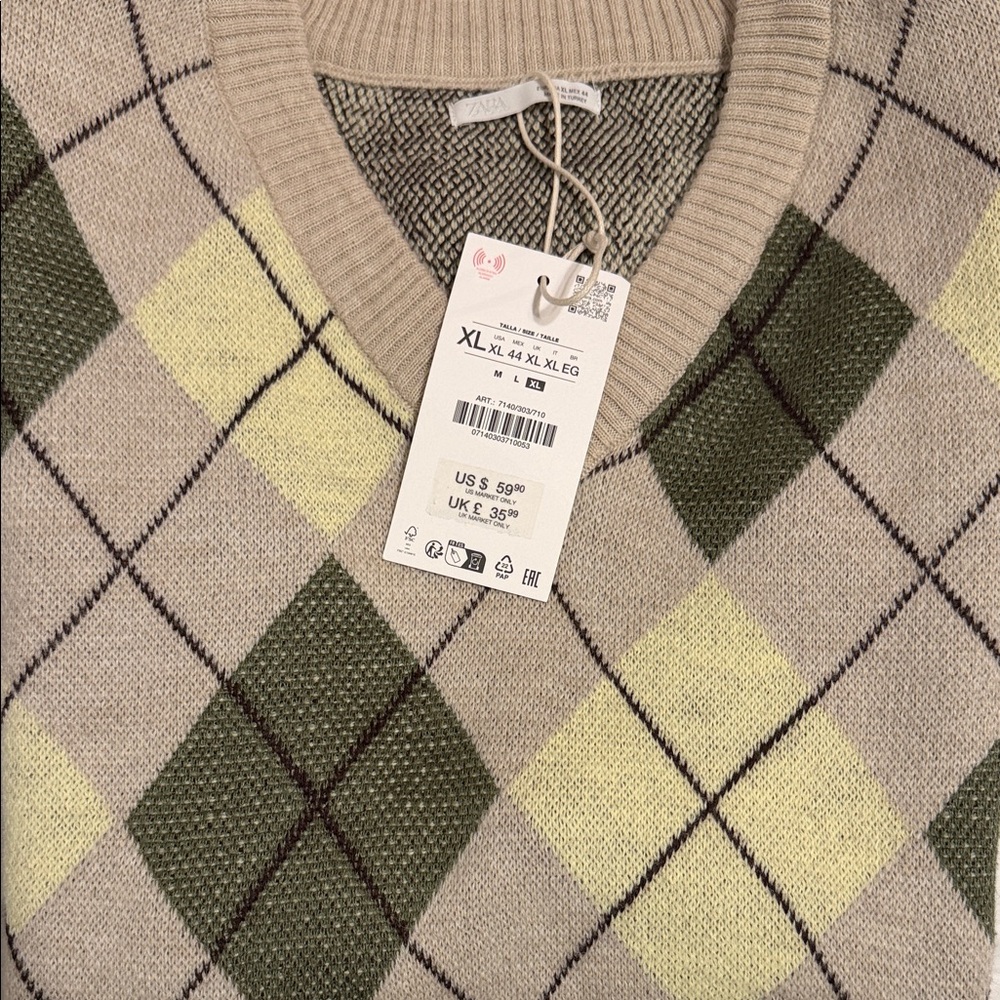 Zara V-Neck Argyle Sweater - Beige, Green, and Yellow